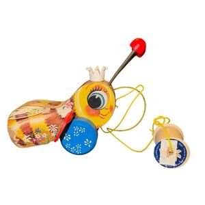 Vintage Fisher Price Queen Buzzy Bee Pull Toy | Wooden | 1960s USA